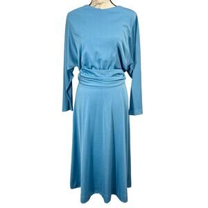 Vintage 80s Women's Retro Claralura Blue Satin Open Back Dress Sz 14